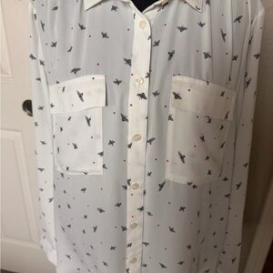Ann Taylor White Button-Up Shirt with Black bee Motif and Red Dot Accents
